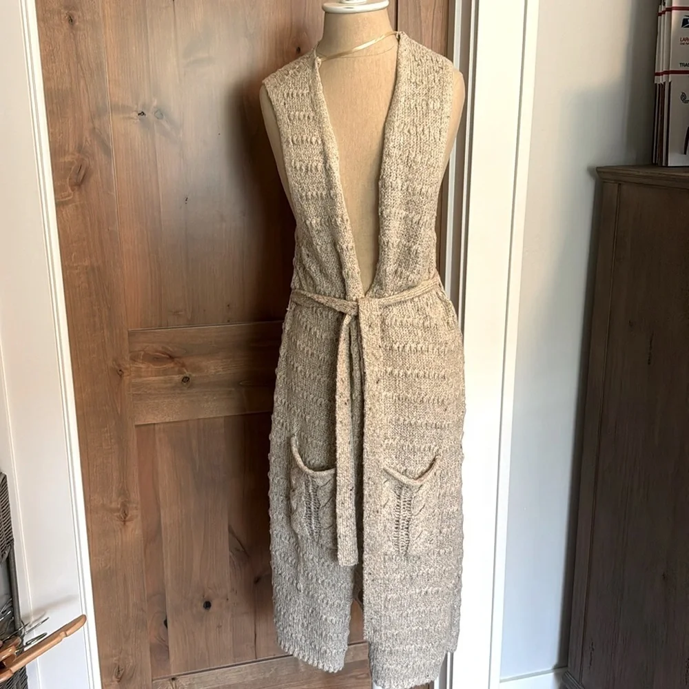 NWT Democracy Metallic Long Duster Cardigan Sweater Vest sleeveless belted Woven